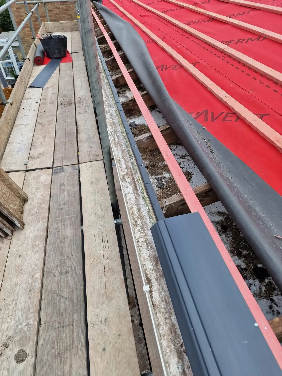 Breathable membrane and battens fitted during a re-roof in Bodmin